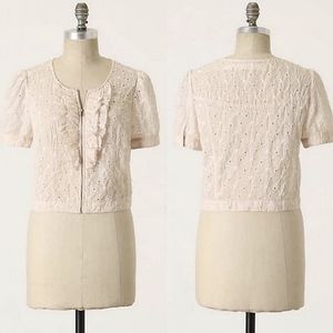 Anthropologie Cream Eyelet Ruffle Zip-Front Blouse